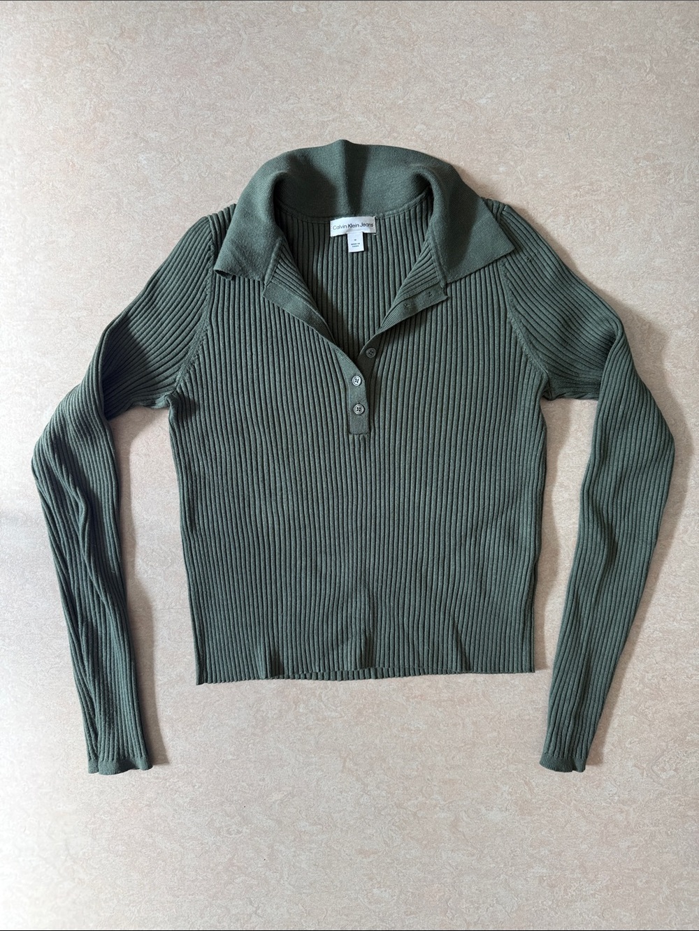 Calvin Klein Jeans Ribbed V-Neck Polo Sweater - Olive